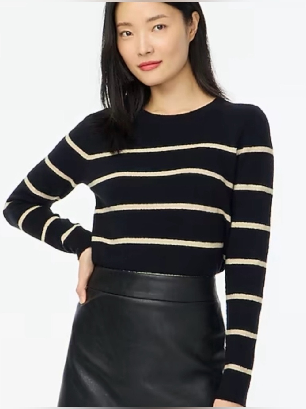 J. Crew Shimmer Striped Crewneck Sweater in Extra-Soft Yarn Black/Gold Medium